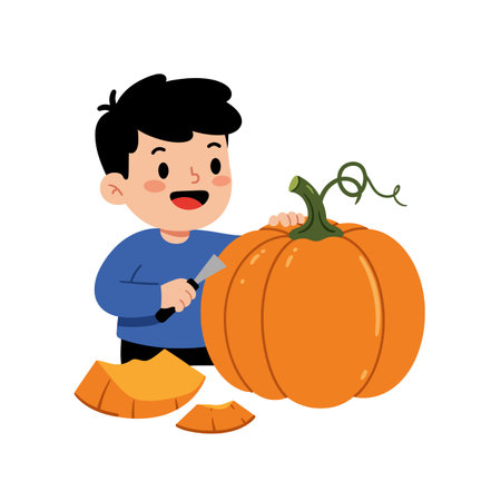 A young boy smiles as he carves a large pumpkin, surrounded by cut pieces, conveying a joyful autumn spirit.のイラスト素材