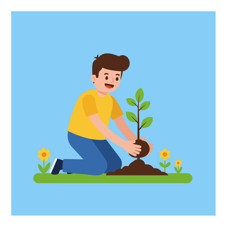 A cheerful boy kneels on green grass, planting a small tree while surrounded by blooming flowers under a bright blue sky.のイラスト素材