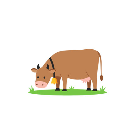 A brown cow with a bell around its neck grazes calmly on vibrant green grass, depicting a serene rural setting.のイラスト素材