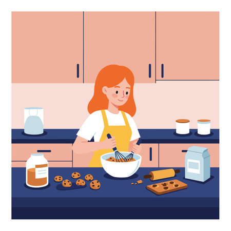 A cheerful woman with red hair mixes cookie dough in a bowl, surrounded by baking ingredients and freshly baked cookies.のイラスト素材