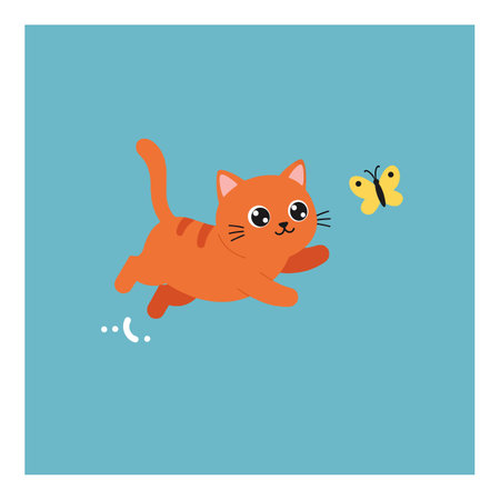 A lively orange cat joyfully leaps towards a delicate butterfly, creating a cheerful and playful atmosphere.のイラスト素材
