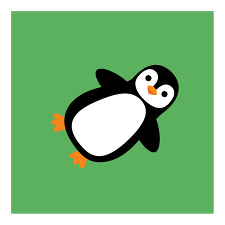 A playful penguin with black and white coloring floats happily against a bright green backdrop, exuding a cheerful and whimsical atmosphere.のイラスト素材