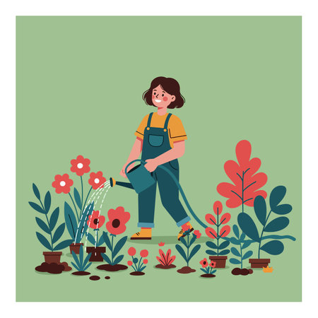 A joyful woman in overalls waters colorful plants and flowers, creating a lively and nurturing atmosphere in her garden.のイラスト素材