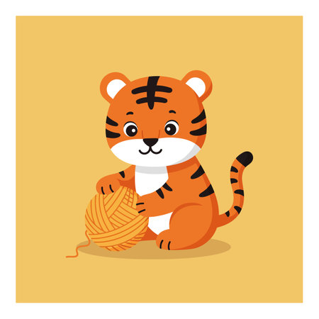 A cheerful tiger with orange fur and black stripes joyfully interacts with a yellow yarn ball, creating a playful atmosphere.のイラスト素材