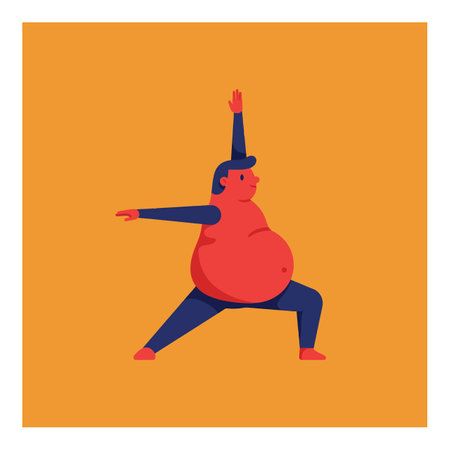 A cheerful, plump man confidently poses in a warrior stance against a bright orange background, radiating positivity and strength.のイラスト素材