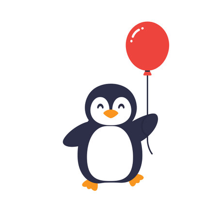 A joyful penguin stands with a red balloon, exuding happiness and playfulness in a simple, flat vector illustration.のイラスト素材