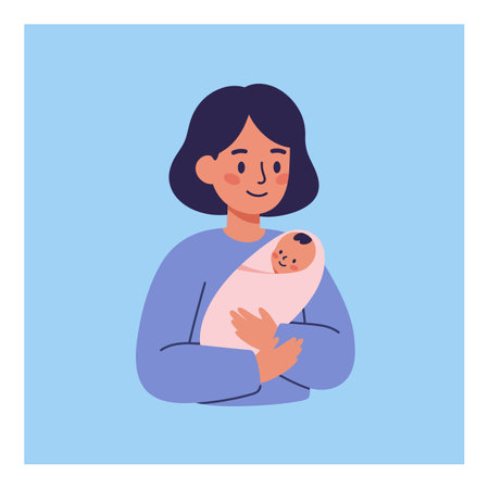 A warm scene featuring a mother cherishing her swaddled baby, radiating joy and tenderness in a soft blue background.のイラスト素材