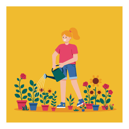A young girl with a ponytail waters various blooming plants in pots, showing her love for gardening in a cheerful atmosphere.のイラスト素材