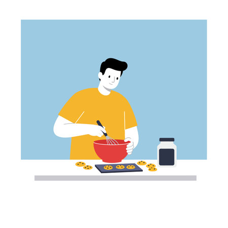 A cheerful man stirs cookie dough in a red bowl on a countertop, surrounded by cookie dough shapes, creating a warm and inviting atmosphere.のイラスト素材