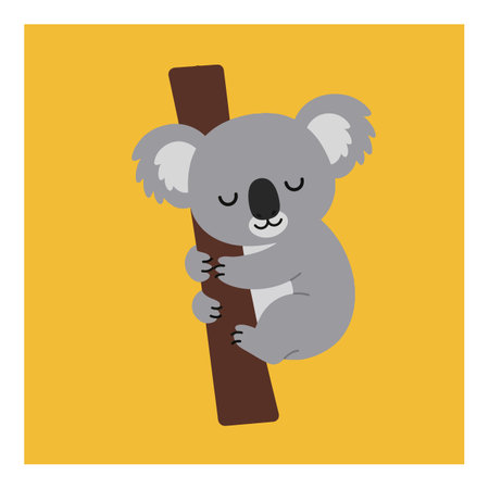 A charming koala bear with closed eyes embraces a brown tree branch against a vibrant yellow background, evoking a playful and peaceful mood.のイラスト素材