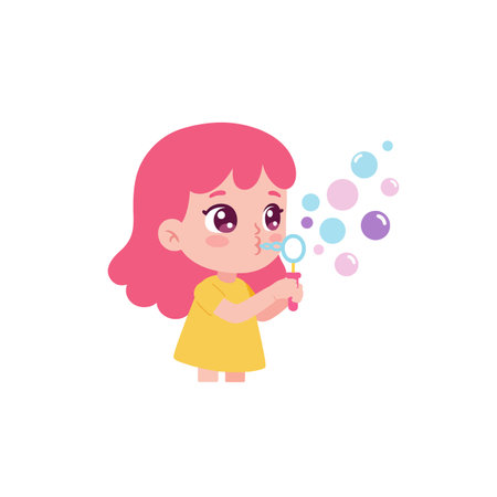 A girl with pink hair joyfully blows bubbles, creating a playful atmosphere with vibrant colors and a sense of wonder.のイラスト素材