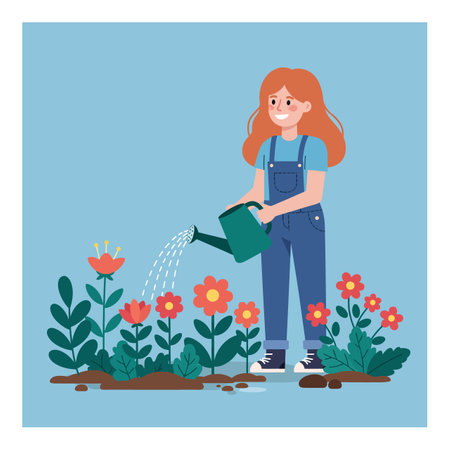 A cheerful girl in overalls pours water onto blooming flowers, showing her love for gardening in a bright, inviting atmosphere.のイラスト素材