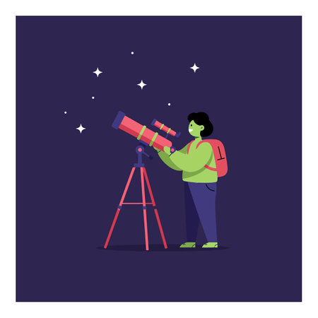 A joyful child with a backpack peers through a telescope, gazing at twinkling stars against a deep purple sky.のイラスト素材