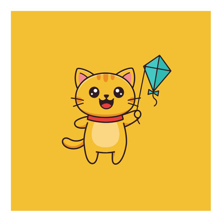 A joyful orange cat with a red collar joyfully holds a blue kite, set against a bright yellow background, radiating playful energy.のイラスト素材