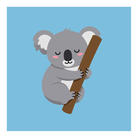 A lovable koala with closed eyes clings to a branch, radiating a cheerful and playful atmosphere against a light blue background.のイラスト素材