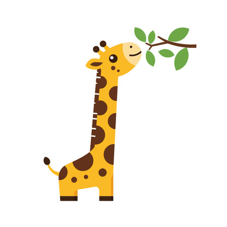 A cheerful giraffe stands upright, munching on a leafy branch, showcasing a playful and lively atmosphere.のイラスト素材