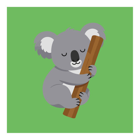 A playful koala with gray fur embraces a wooden branch, radiating a cheerful and cozy atmosphere in a bright green setting.のイラスト素材