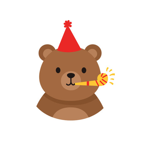 A cheerful brown bear adorned with a festive red party hat joyfully blows a party horn, radiating fun and celebration.のイラスト素材