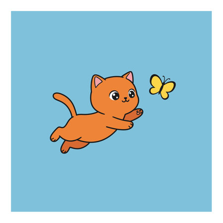 A cheerful orange cat leaps joyfully towards a vibrant yellow butterfly against a soft blue background, capturing a sense of playfulness and curiosity.のイラスト素材