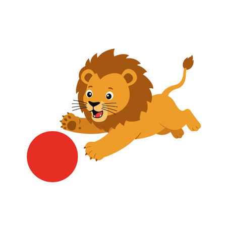 A cheerful lion with a fluffy mane eagerly pounces on a vibrant red ball, embodying a playful atmosphere.のイラスト素材