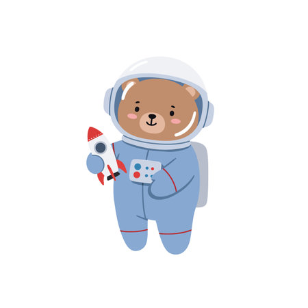 A playful bear in an astronaut suit holds a small rocket and a color palette, exuding a joyful and adventurous spirit.のイラスト素材