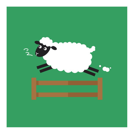 A cheerful sheep leaps over a brown fence against a vibrant green background, embodying a lively and whimsical atmosphere.のイラスト素材