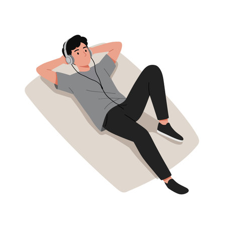 A young man lies back on a mat, listening to music with headphones, embodying a relaxed and peaceful mood.のイラスト素材