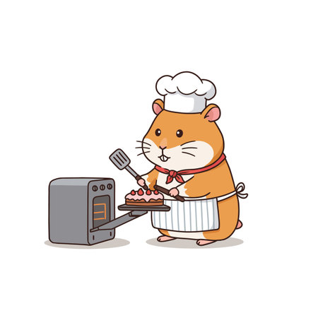 A cheerful hamster in a chef hat pulls a freshly baked cake from an oven, surrounded by a playful kitchen atmosphere.のイラスト素材