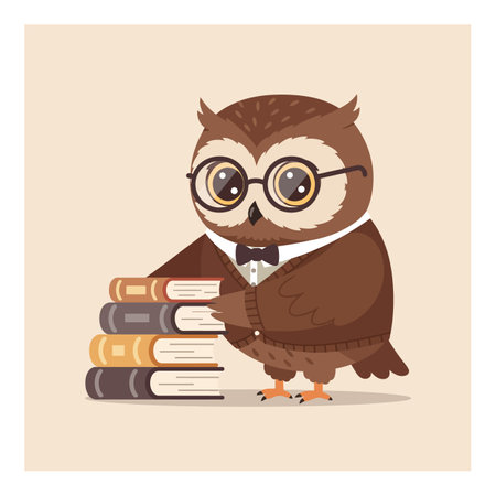 A scholarly owl in formal attire organizes a collection of books, exuding a playful yet intellectual atmosphere.のイラスト素材