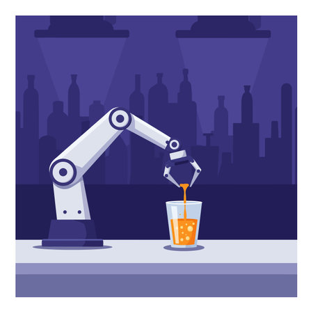 A sleek robotic arm skillfully pours a fizzy orange drink into a clear glass on a bar countertop, illuminated by subtle lighting.のイラスト素材