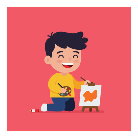 A cheerful boy with a paintbrush and palette joyfully creates art on a small easel, surrounded by a warm and playful atmosphere.のイラスト素材