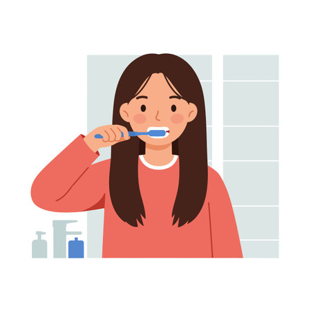 A young woman smiles while brushing her teeth, surrounded by bathroom essentials in a bright, clean setting.のイラスト素材
