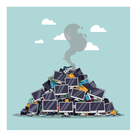 A large heap of old computers and gadgets releases gray smoke, symbolizing electronic waste and environmental concerns in a minimalist design.のイラスト素材