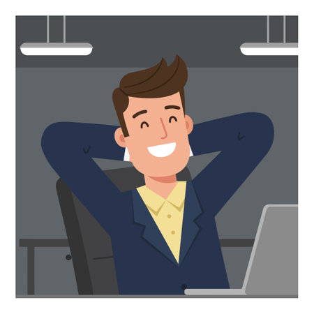 A cheerful man in a suit leans back in his chair, smiling contentedly while sitting at a desk with a laptop.のイラスト素材