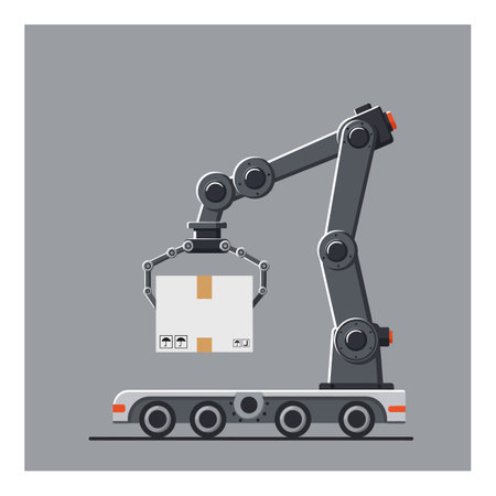 A sleek robotic arm efficiently lifts a box from a conveyor belt, showing off modern automation in a gray-toned environment.のイラスト素材