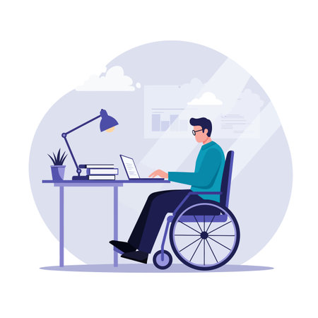 A focused man in a wheelchair types on his laptop at a tidy desk, surrounded by books and a desk lamp, conveying a productive atmosphere.のイラスト素材