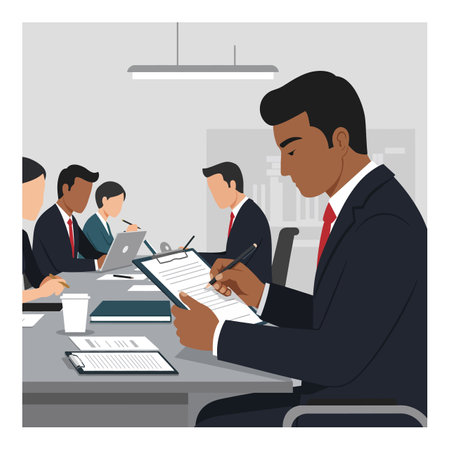 A group of professionals in suits engage in a meeting, with one person taking notes on a clipboard, showcasing concentration and collaboration.のイラスト素材
