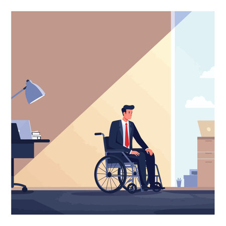 A man in a wheelchair, dressed in a suit, sits thoughtfully in a well-lit office, reflecting a sense of determination and professionalism.のイラスト素材