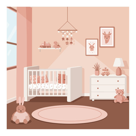 A serene nursery showcases a white crib, plush toys, and pastel colors, creating a warm and inviting atmosphere for a child.のイラスト素材