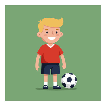 A smiling young boy in a red jersey stands confidently beside a soccer ball on a vibrant green background.のイラスト素材