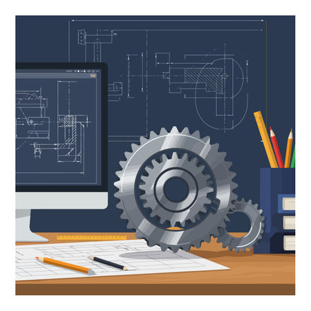 A desk showcases metallic gears and blueprints with a computer, highlighting a focused engineering environment.のイラスト素材