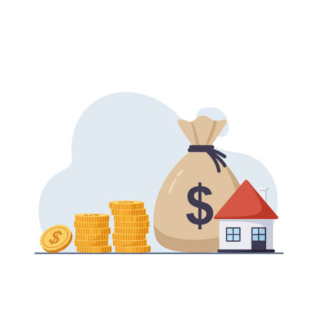 A money bag overflowing with cash, stacked coins, and a small house symbolizes wealth and investment in a light, optimistic tone.のイラスト素材