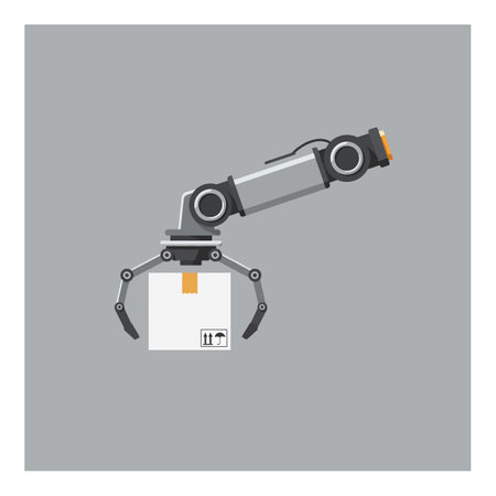 A robotic arm with a sleek design lifts a package, emphasizing modernity and automation in a minimalist setting.のイラスト素材