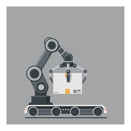 A robotic arm efficiently grabs a package from a conveyor belt, showcasing modern automation in a minimalistic design.のイラスト素材