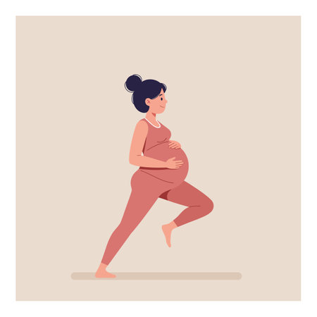 A pregnant woman jogs confidently, holding her belly, showing strength and vitality in a positive, uplifting atmosphere.のイラスト素材