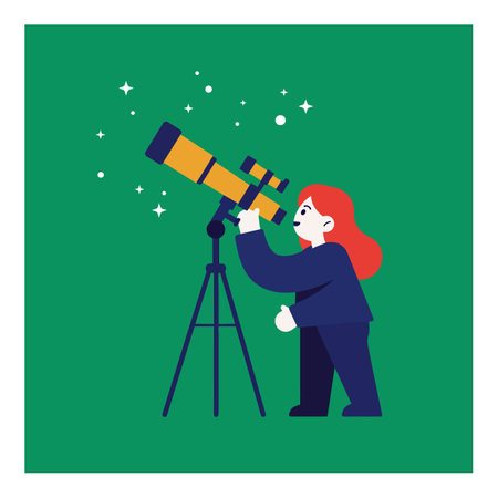 A girl with red hair looks through a telescope, surrounded by sparkling stars, evoking a sense of curiosity and wonder.のイラスト素材