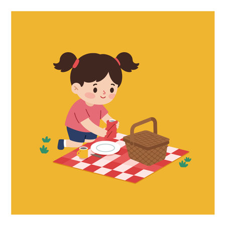A young girl with pigtails happily sets a plate on a picnic blanket under a warm yellow background.のイラスト素材