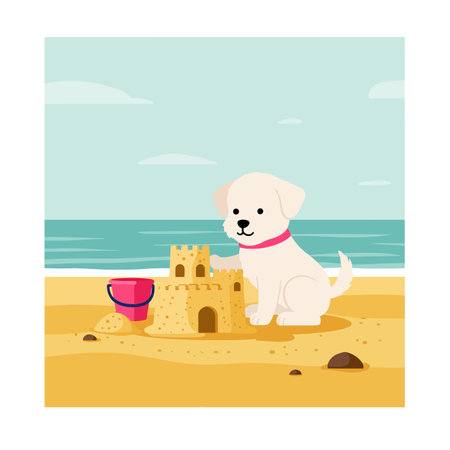 A cute puppy sits next to a sandcastle, with a pink bucket nearby, creating a cheerful beach scene.のイラスト素材