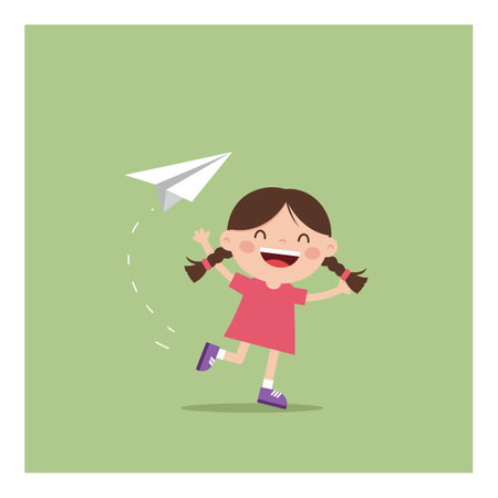 A cheerful girl in a pink dress and purple shoes joyfully runs while tossing a paper airplane, radiating happiness.のイラスト素材