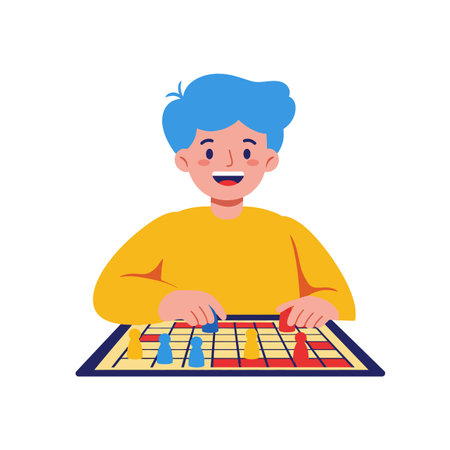 A cheerful boy, wearing a bright yellow shirt, concentrates on a chess game with blue and red pieces on a board.のイラスト素材